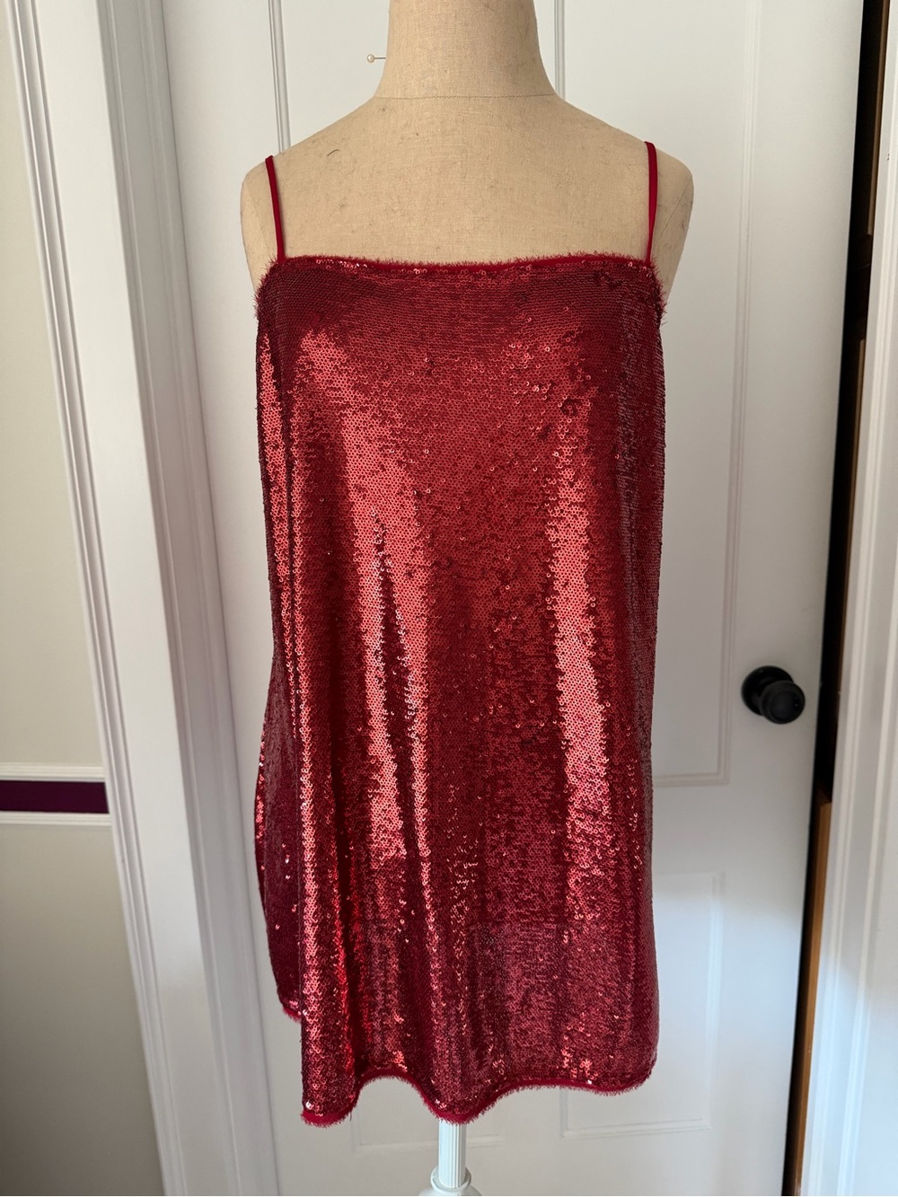 Free People Red Sequin Spaghetti Strap baby doll Mini Dress